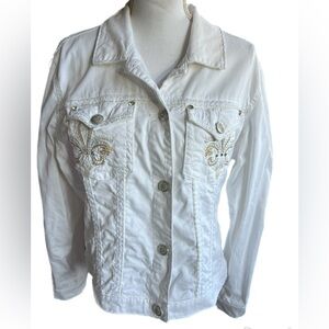 Ethyl White Denim Jean Jacket W/ Front Pockets Rhinestone Accents/Buttons